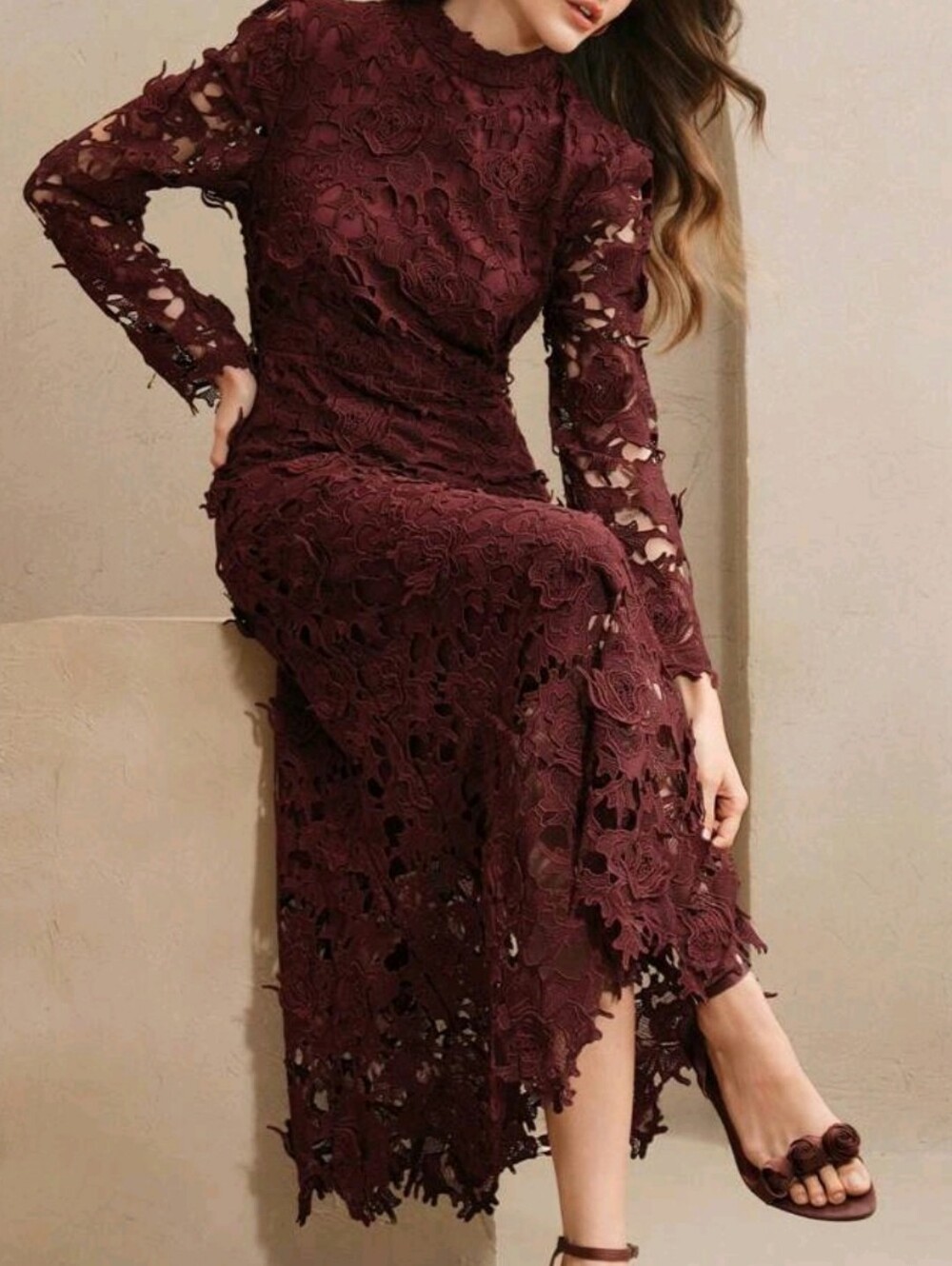 New Luxe Embroidered Sheer Lace Long Dress Long Sleeve Burgundy Red - Picture 7 of 14